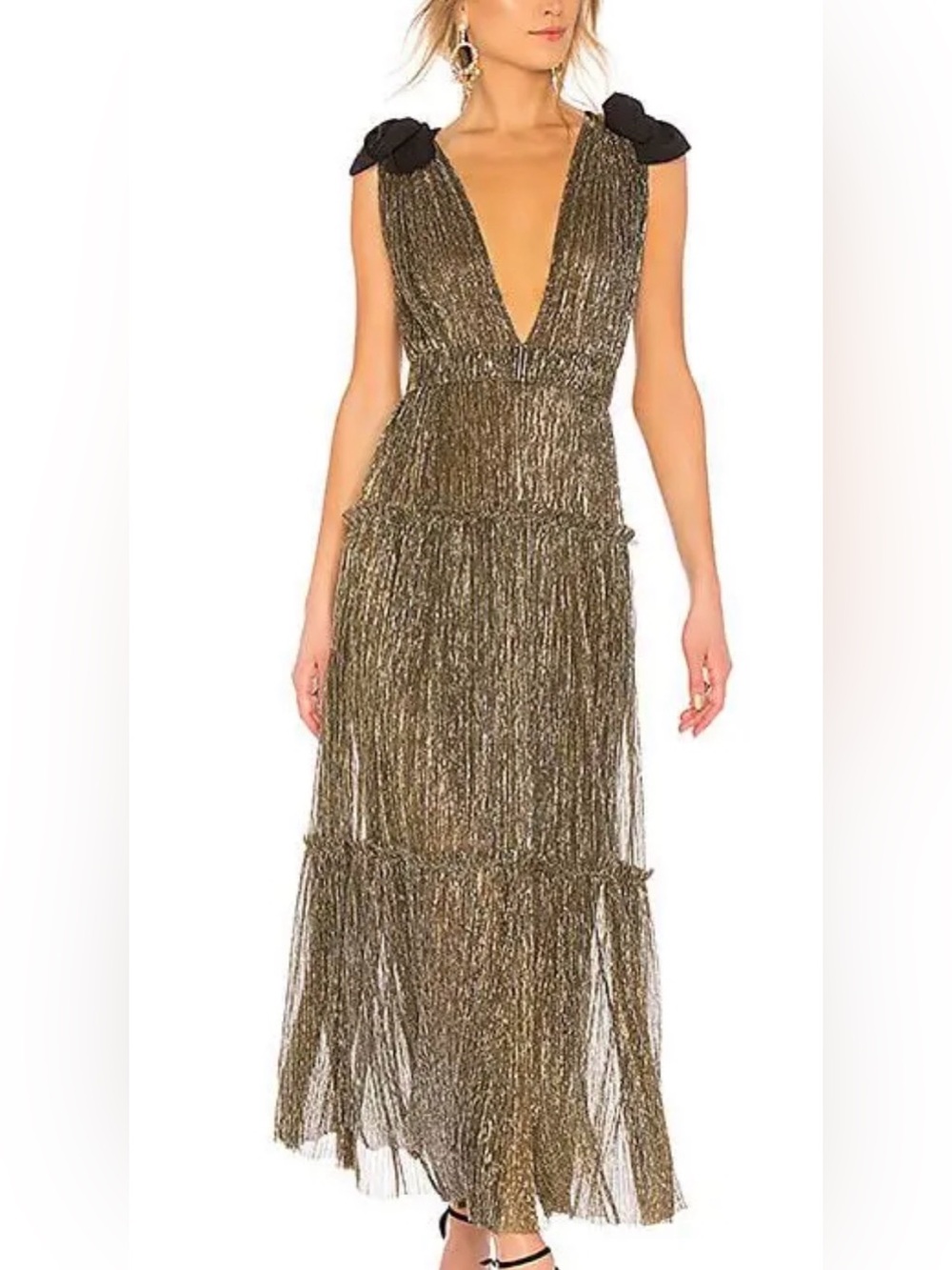 Sabina Musayev Ray Metallic Maxi Dress with Black Shoulder Bows